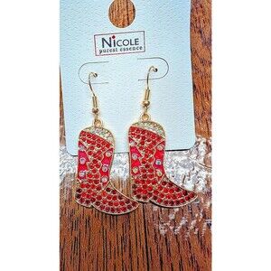 Nicole Rhinestone And Enamel Cowgirl Boot Dangle Earrings Red Multicolored